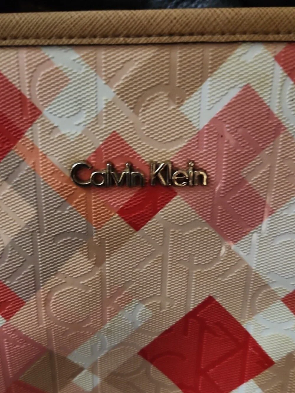 Calvin Klein Beige & Red Geometric Chain-Handle Tote